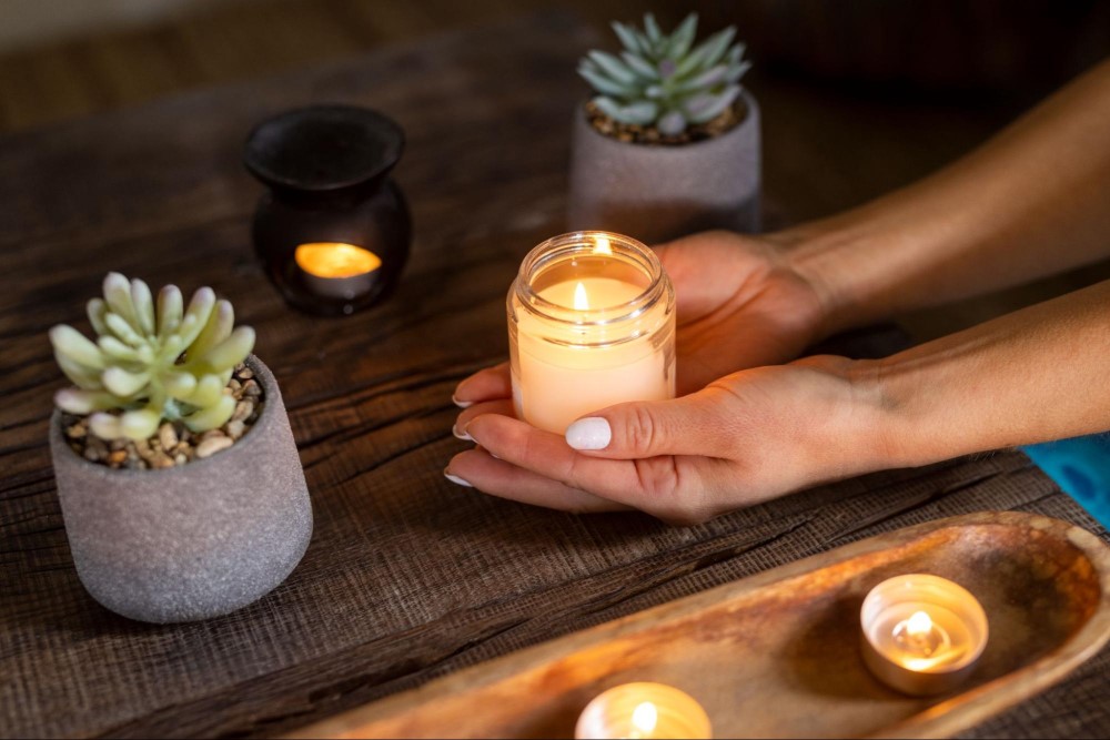Close-up das mãos de uma mulher segurando uma vela aromática sobre uma mesa de madeira, rodeada por outras pequenas velas, enquanto relaxa em seu spa caseiro.