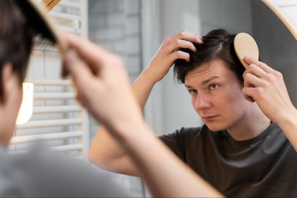 Homem está em frente ao espelho penteando seus cabelos com uma escova de madeira enquanto olha seu couro cabeludo.
