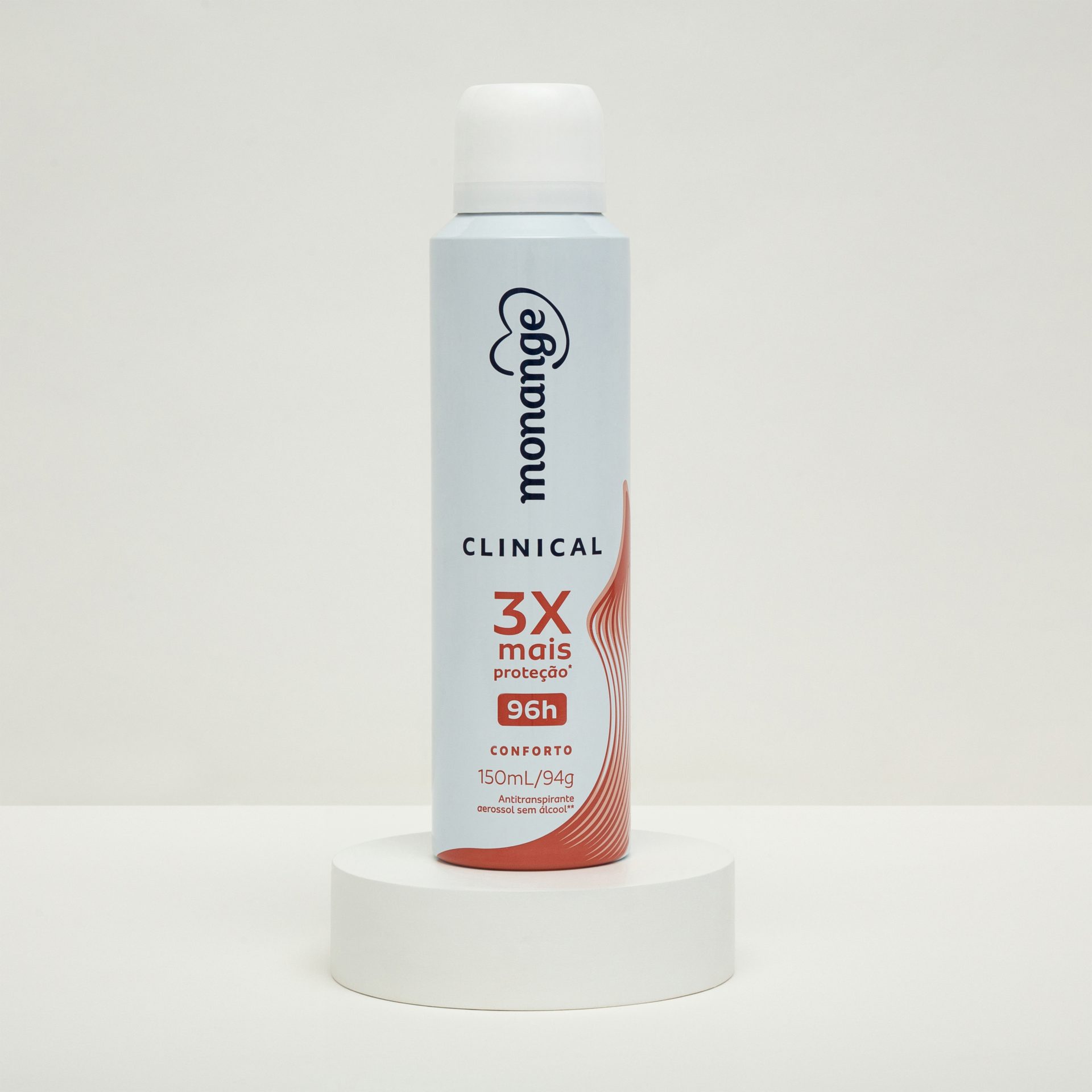 Desodorante ou antitranspirante clinical da Monange, com frasco branco e detalhes em vermelho.