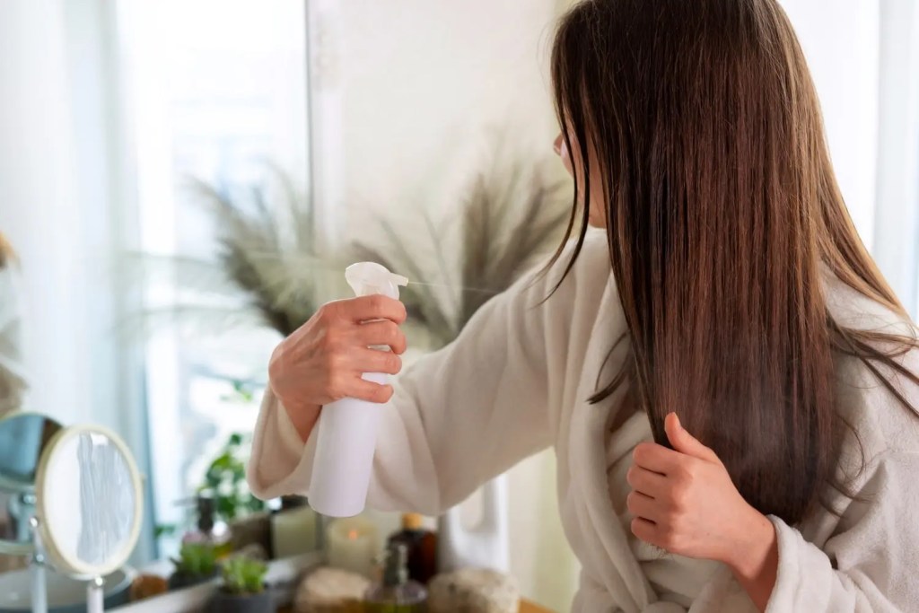 Uma mulher em seu banheiro, de frente para o espelho, aplicando um produto em seu cabelo.
