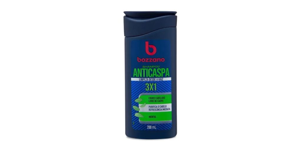 Embalagem do novo shampoo Anticaspa Bozzano. Um frasco azul-escuro com detalhes em verde.
