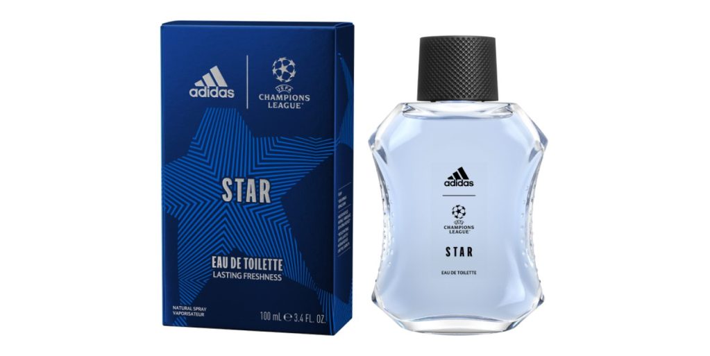 Caixa e frasco do perfume Adidas UEFA Star lado a lado em um fundo branco.